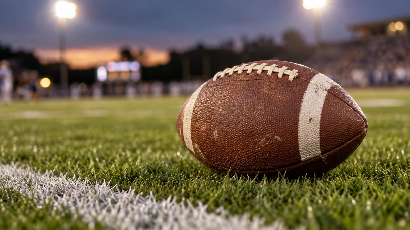 An American football resting on green grass near a white yard line.