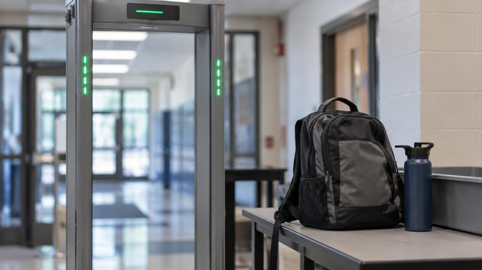 A walk-through weapons detection scanner in an institutional hallway with a backpack and water bottle beside it.