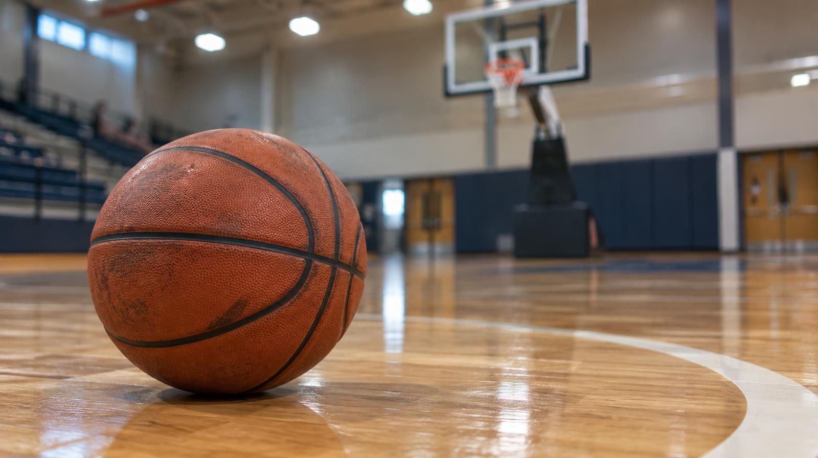 A basketball resting on a hardwood court floor near a three-point arc.