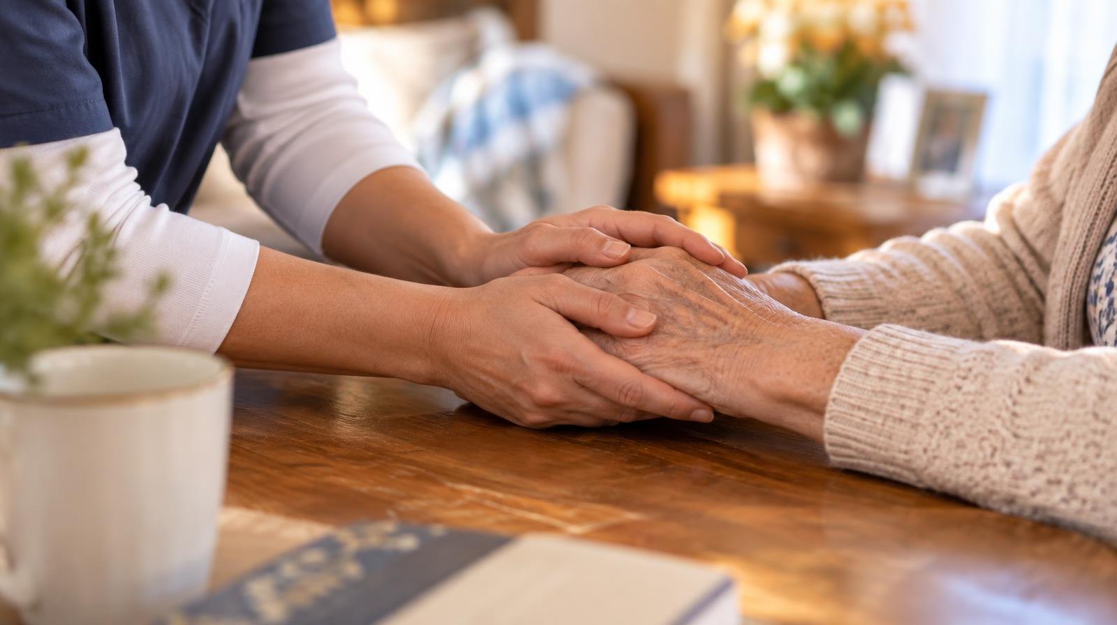 Two pairs of hands resting together on a wooden table in warm indoor light.