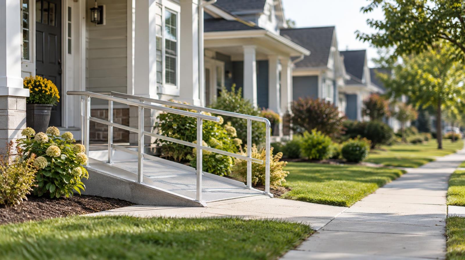 Row of suburban homes with wide accessible front walkways and ramps.
