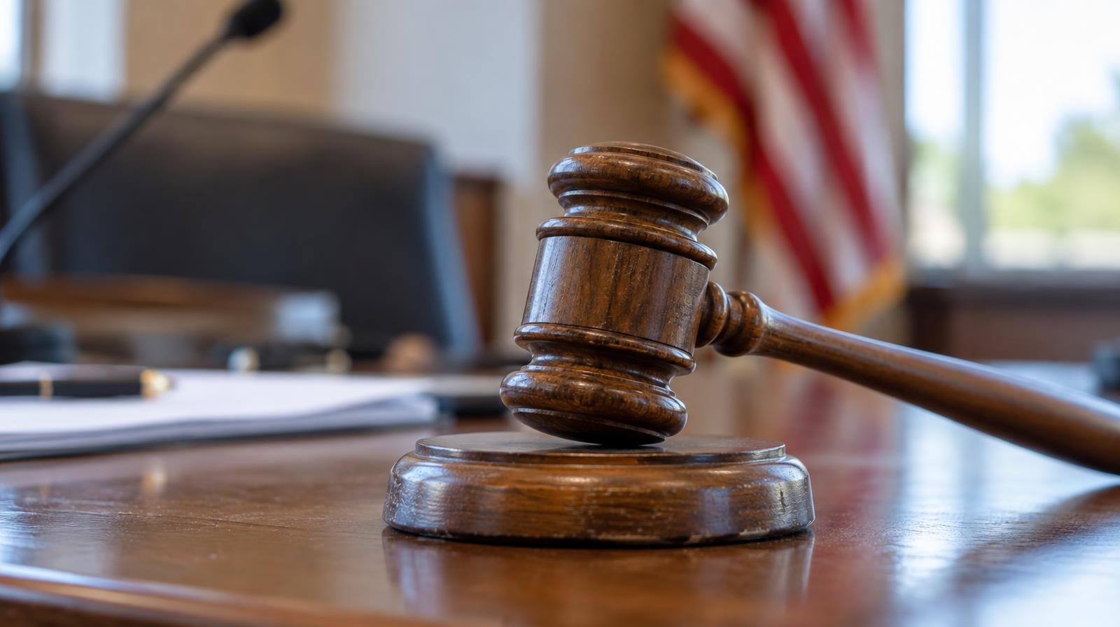 A wooden gavel resting on its round sound block on a polished surface.