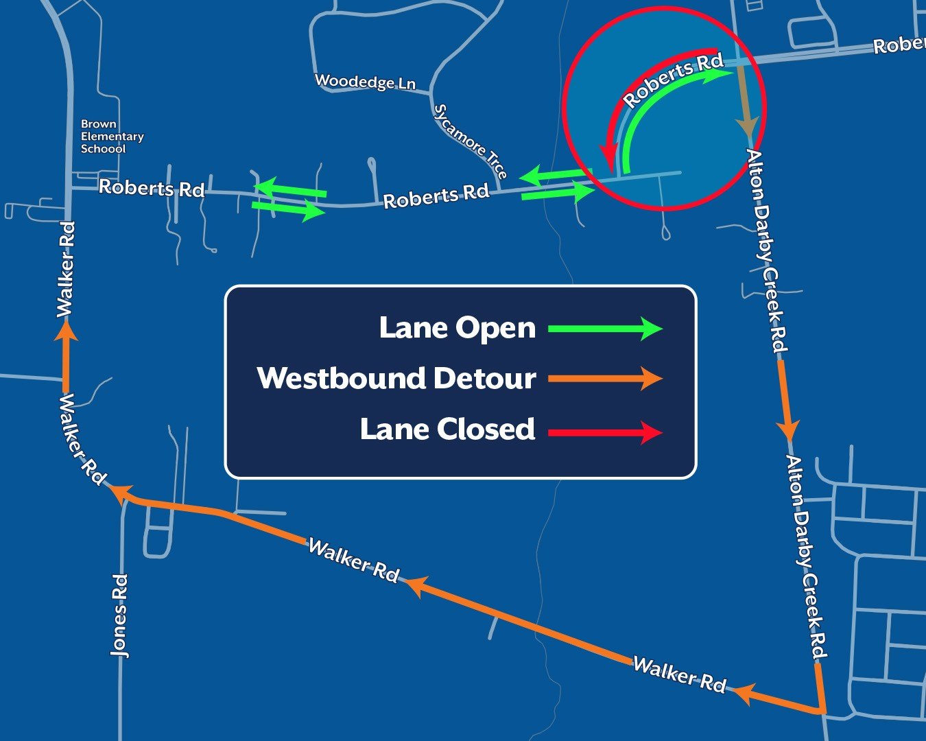 Road map showing a westbound lane closure in red and an orange detour route with a legend.