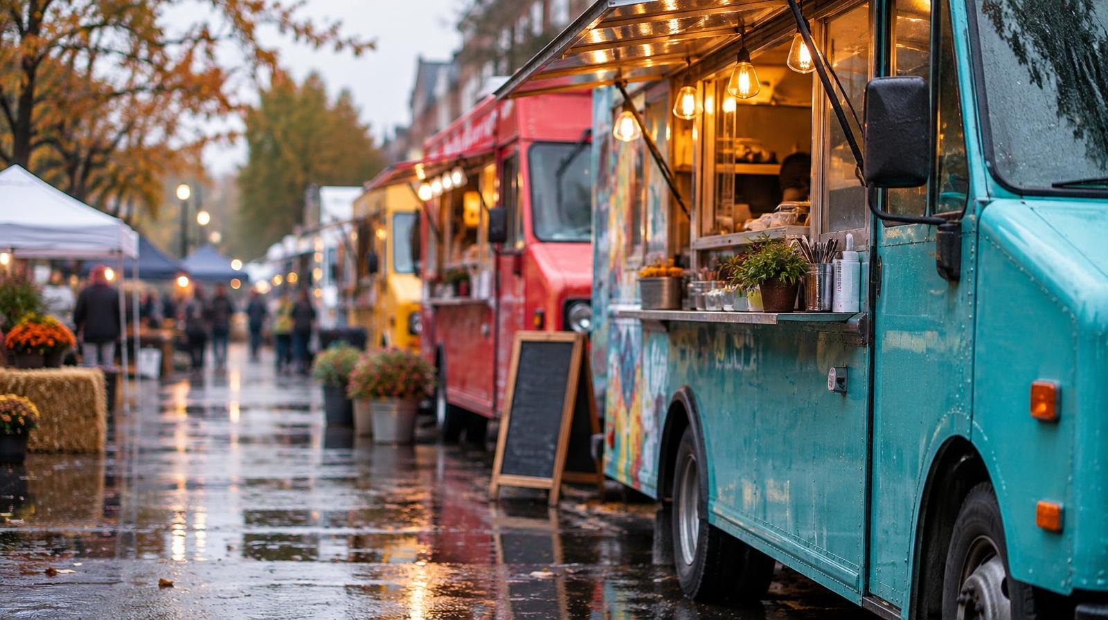 Colorful food trucks parked on a wet street with canopies and string lights.