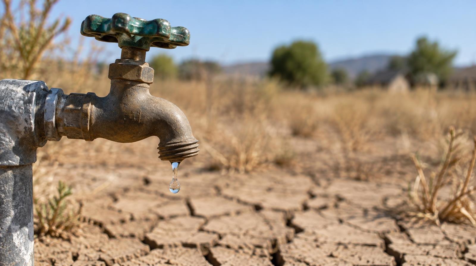 An outdoor faucet dripping a single drop of water over dry, cracked earth.