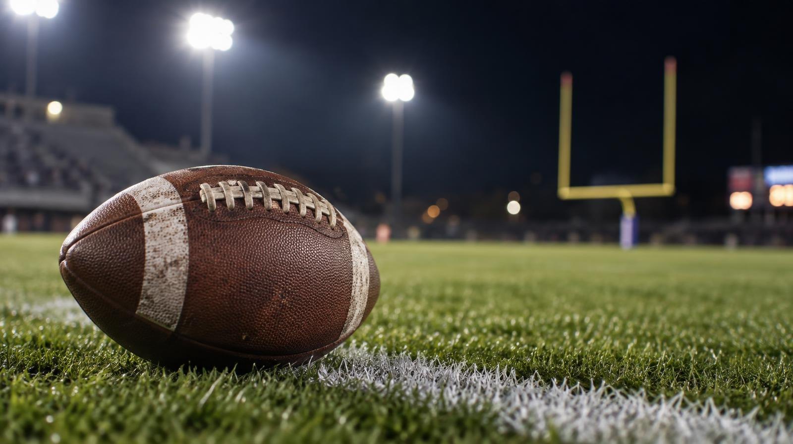 An American football resting on a grass field beside a white yard line under stadium lights.