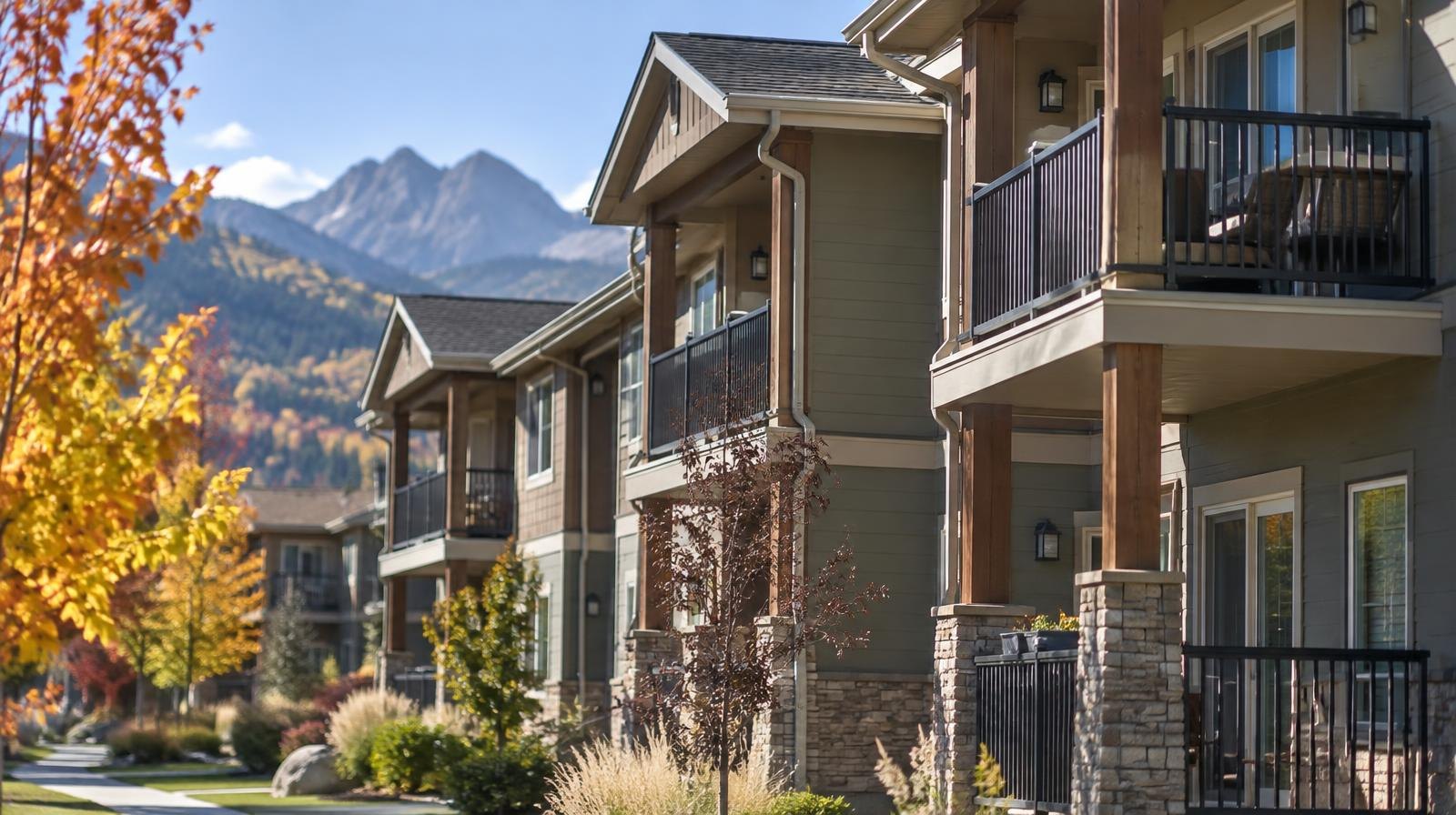 Row of two-story apartment buildings with balconies against a mountain backdrop.