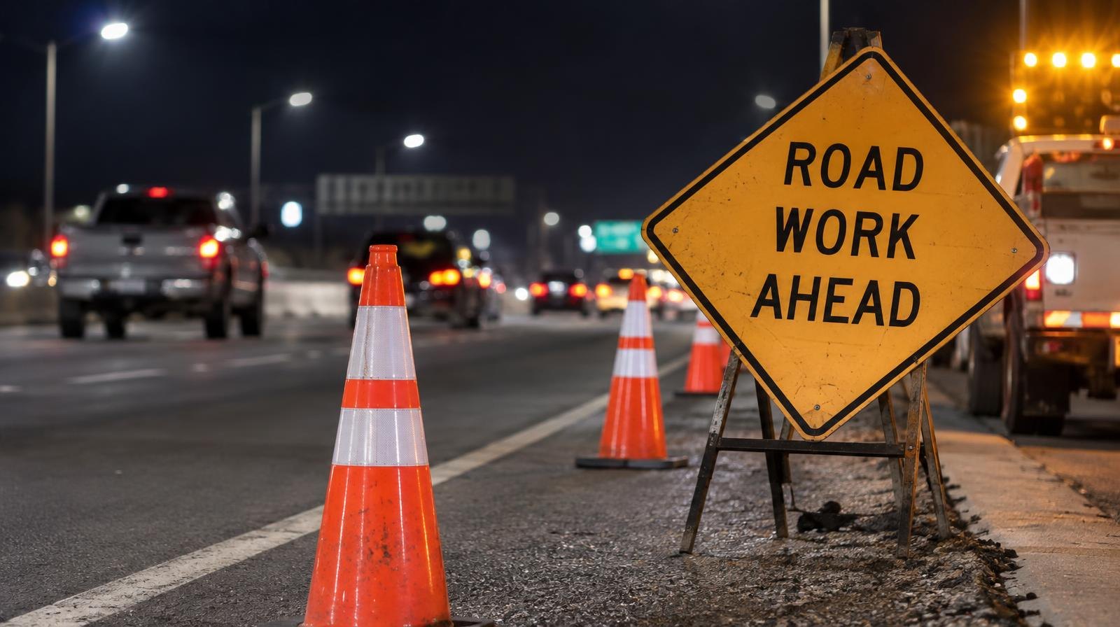 Orange traffic cones and a road work sign along a highway shoulder at night.