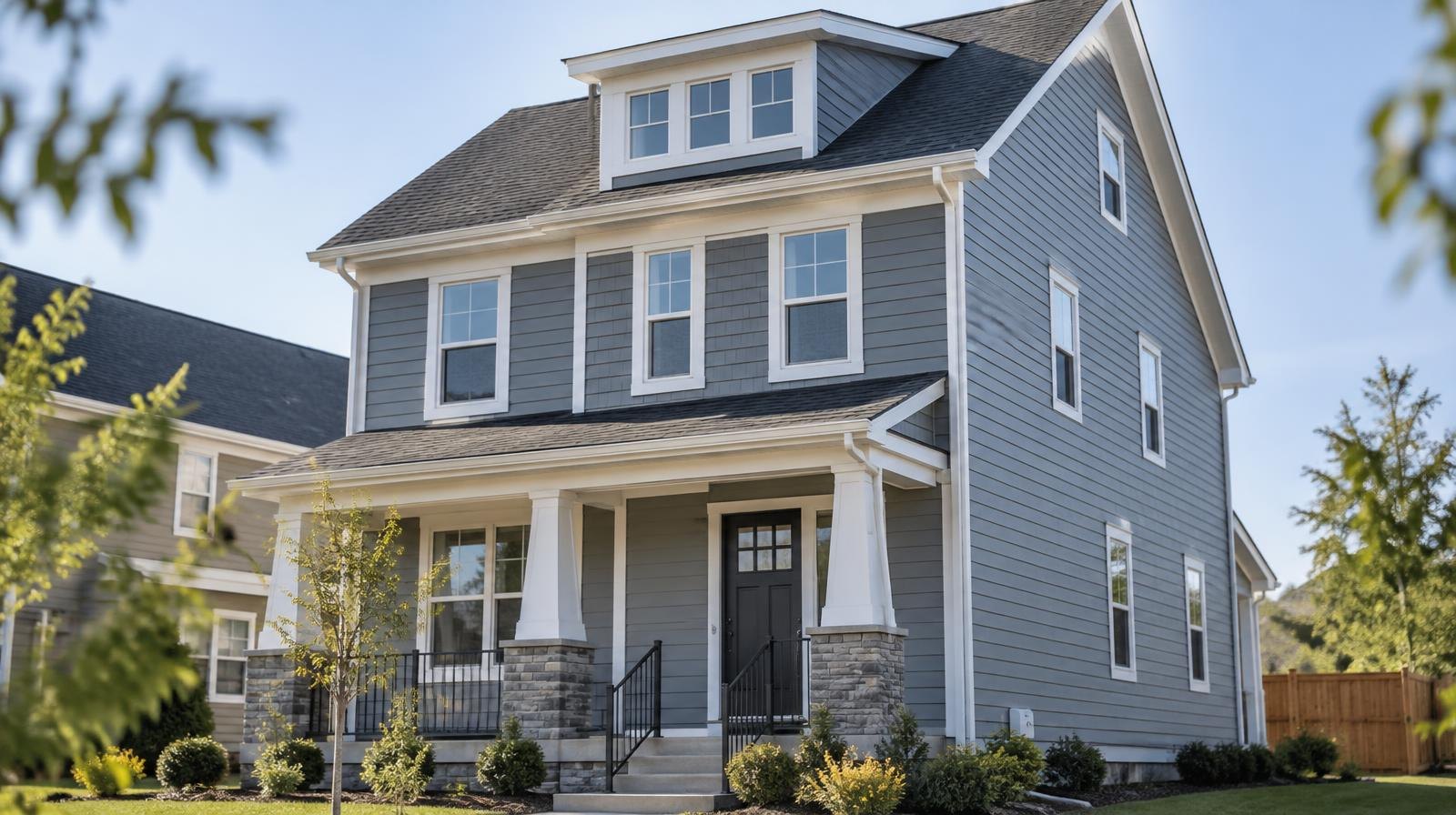 A large two-story house with a tall side wall and third-floor dormer on a suburban street.