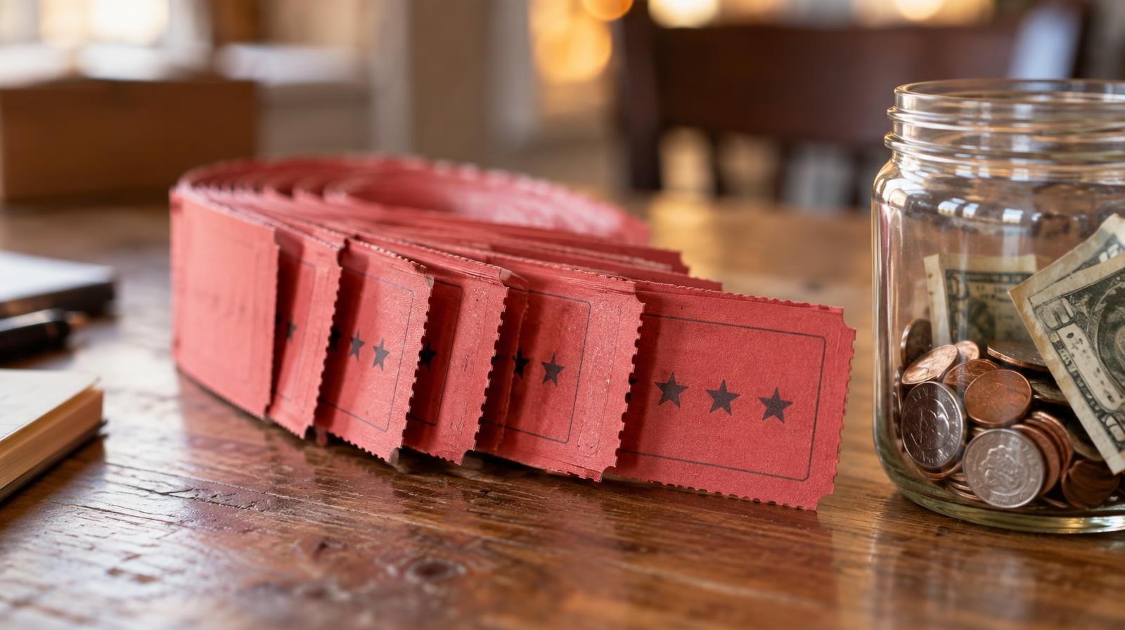 A fanned book of raffle tickets next to a jar of coins and folded dollar bills on a wooden surface.