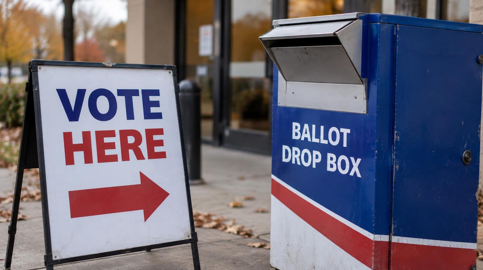 A ballot drop box and vote here sign outside a building entrance.
