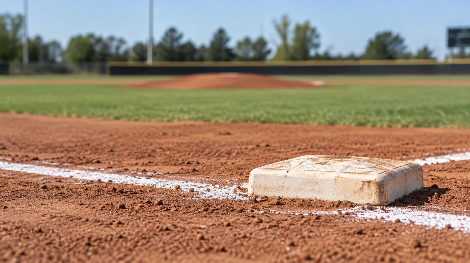 Well-maintained baseball infield with red clay and white chalk baselines.