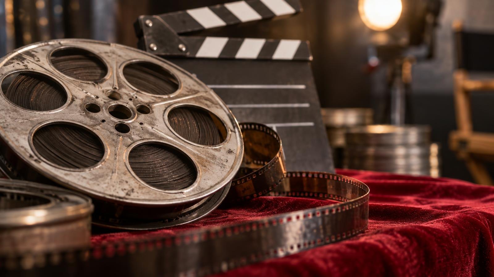 A vintage film reel and clapperboard resting on a red velvet surface.