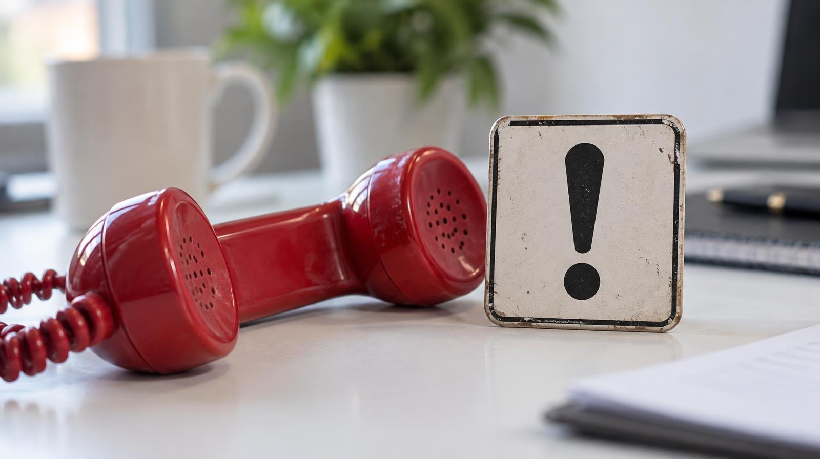 A red telephone handset beside a warning sign with an exclamation mark.