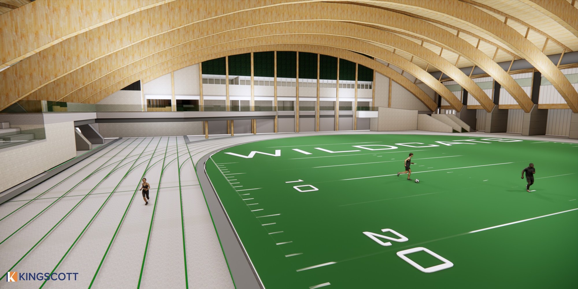 Rendering of an indoor turf field with Wildcats lettering, a running track, and an arched ceiling.