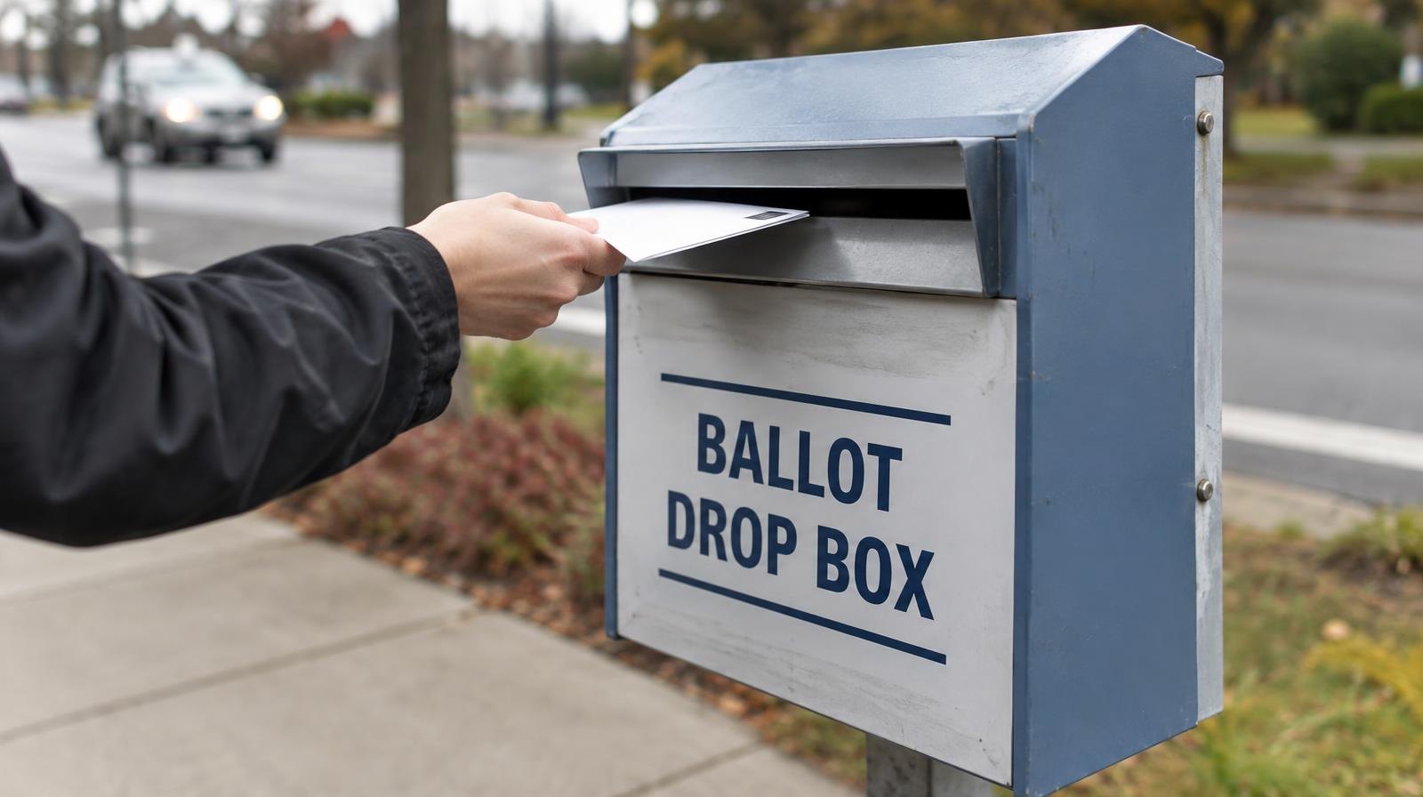 Metal ballot drop box on a post with an envelope slot, outdoors.