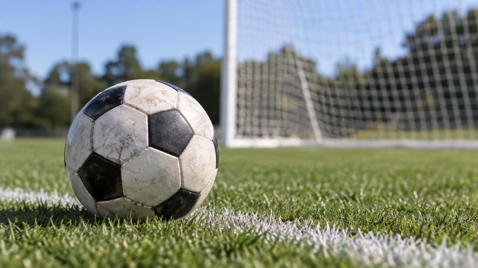 A soccer ball on a grass field with a goal net in the background.
