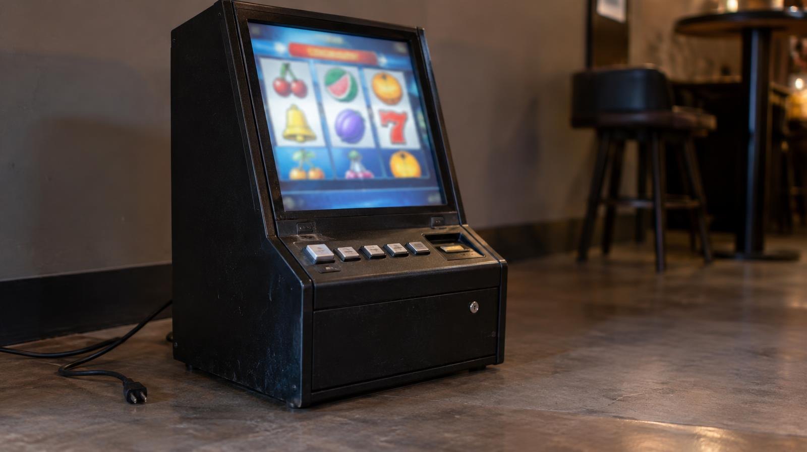 An unplugged video gaming terminal with a glowing screen on a bare floor.