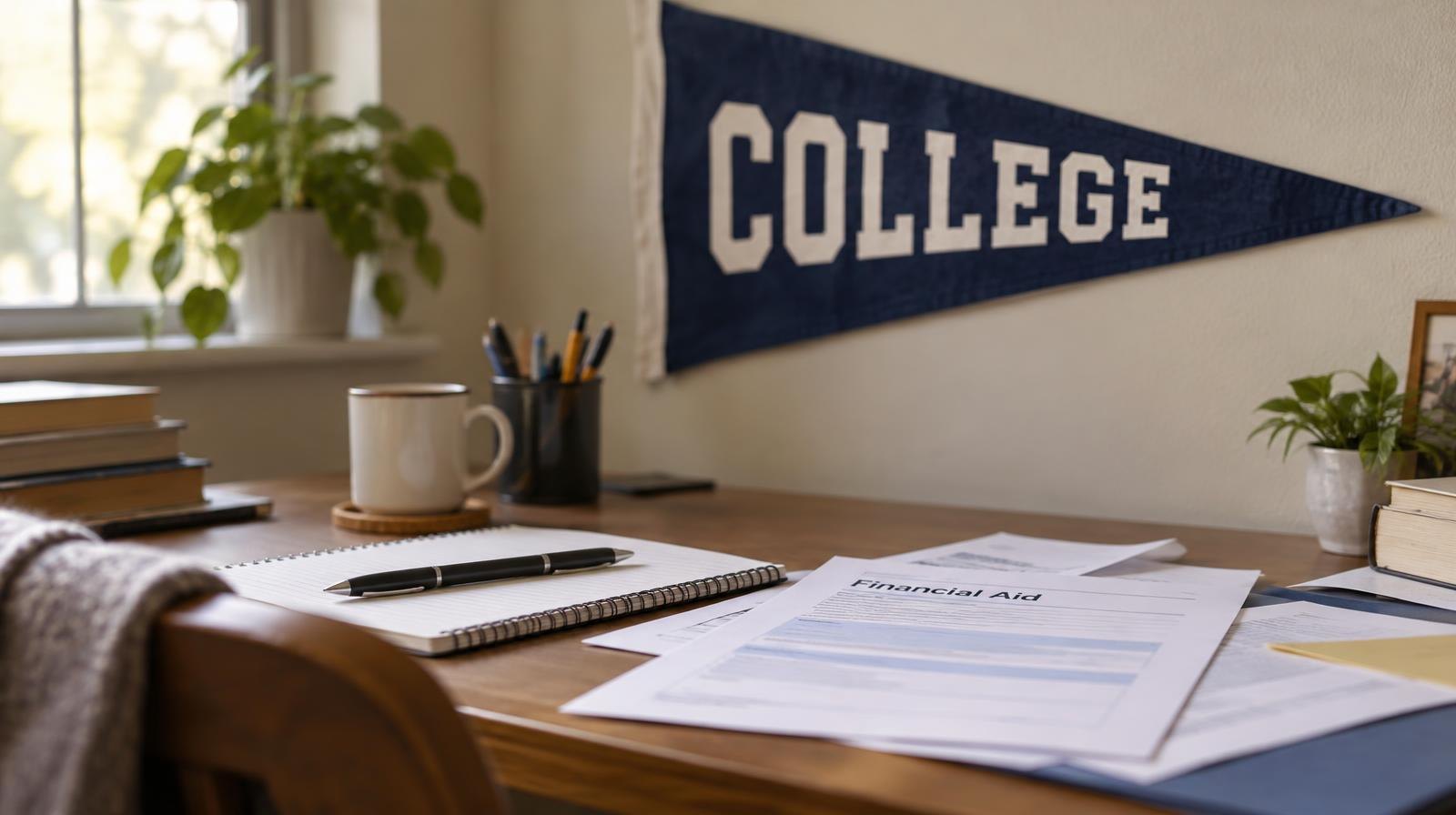 A college pennant on a wall above a desk with a notebook and papers spread out.