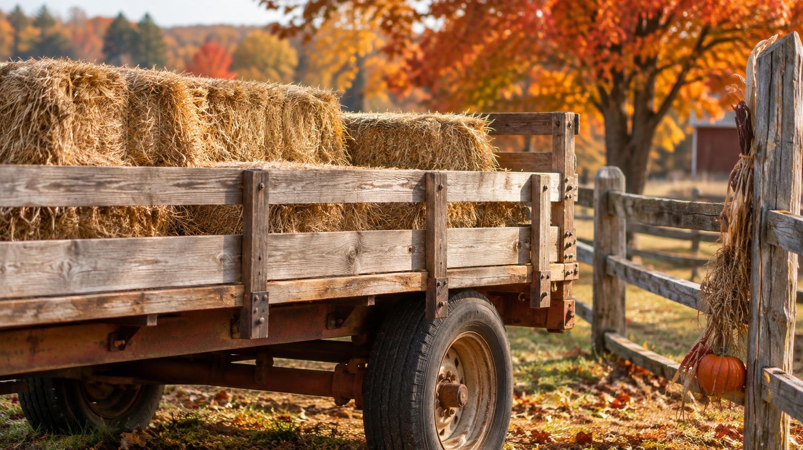 A wooden farm wagon loaded with hay bales beside a rustic fence in autumn foliage.