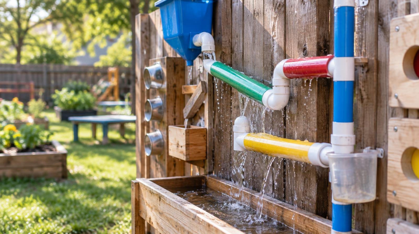 Colorful PVC pipes and wooden panels form an outdoor activity station in a grassy area.