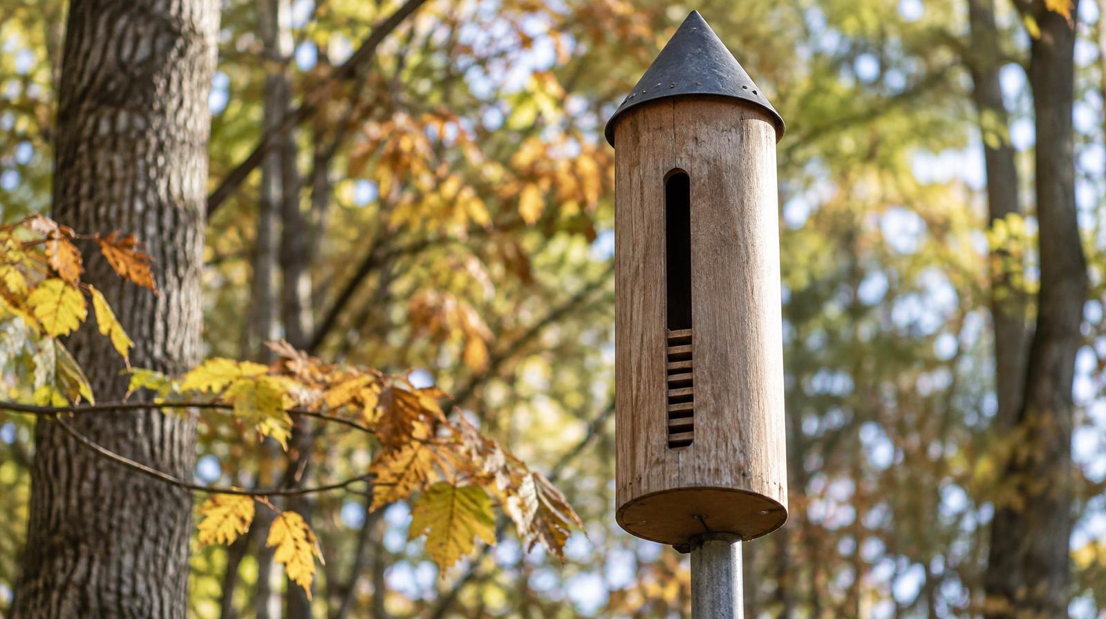 A tall cylindrical wooden bat box on a pole among autumn trees.