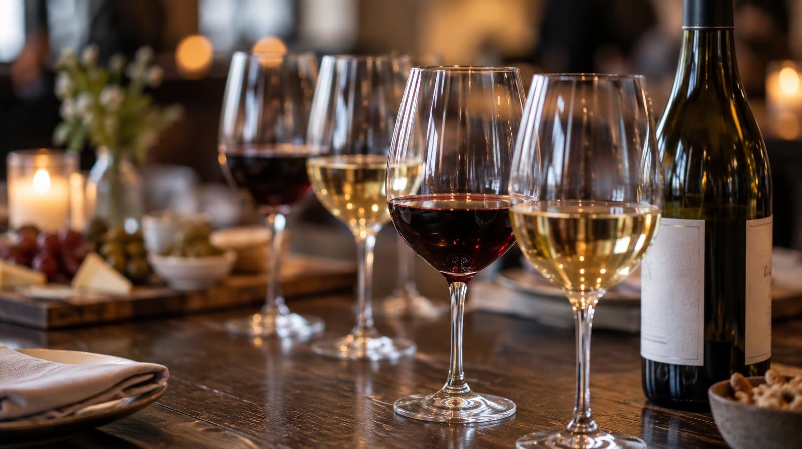 Several wine glasses and an open bottle arranged on a dark wooden table.