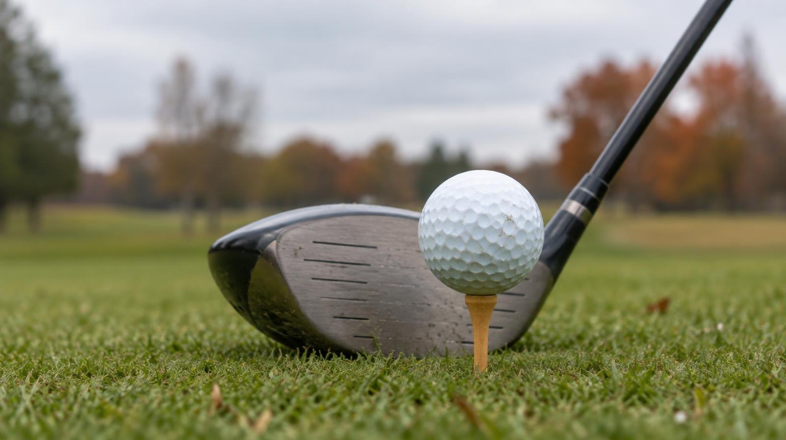 A golf ball on a wooden tee in green grass with a club head behind it.