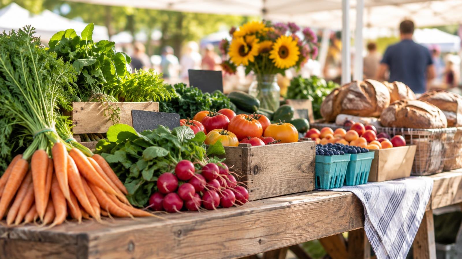 A colorful outdoor market stall with fresh produce and baked goods under a white tent.