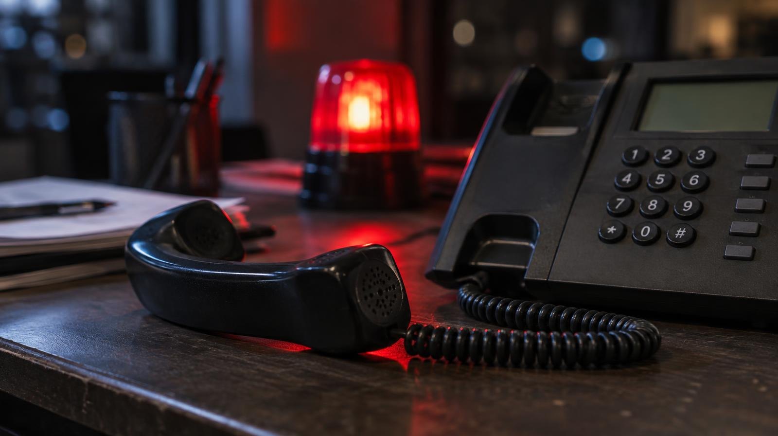 A telephone handset lying off the hook next to a desk phone with a red light glowing.