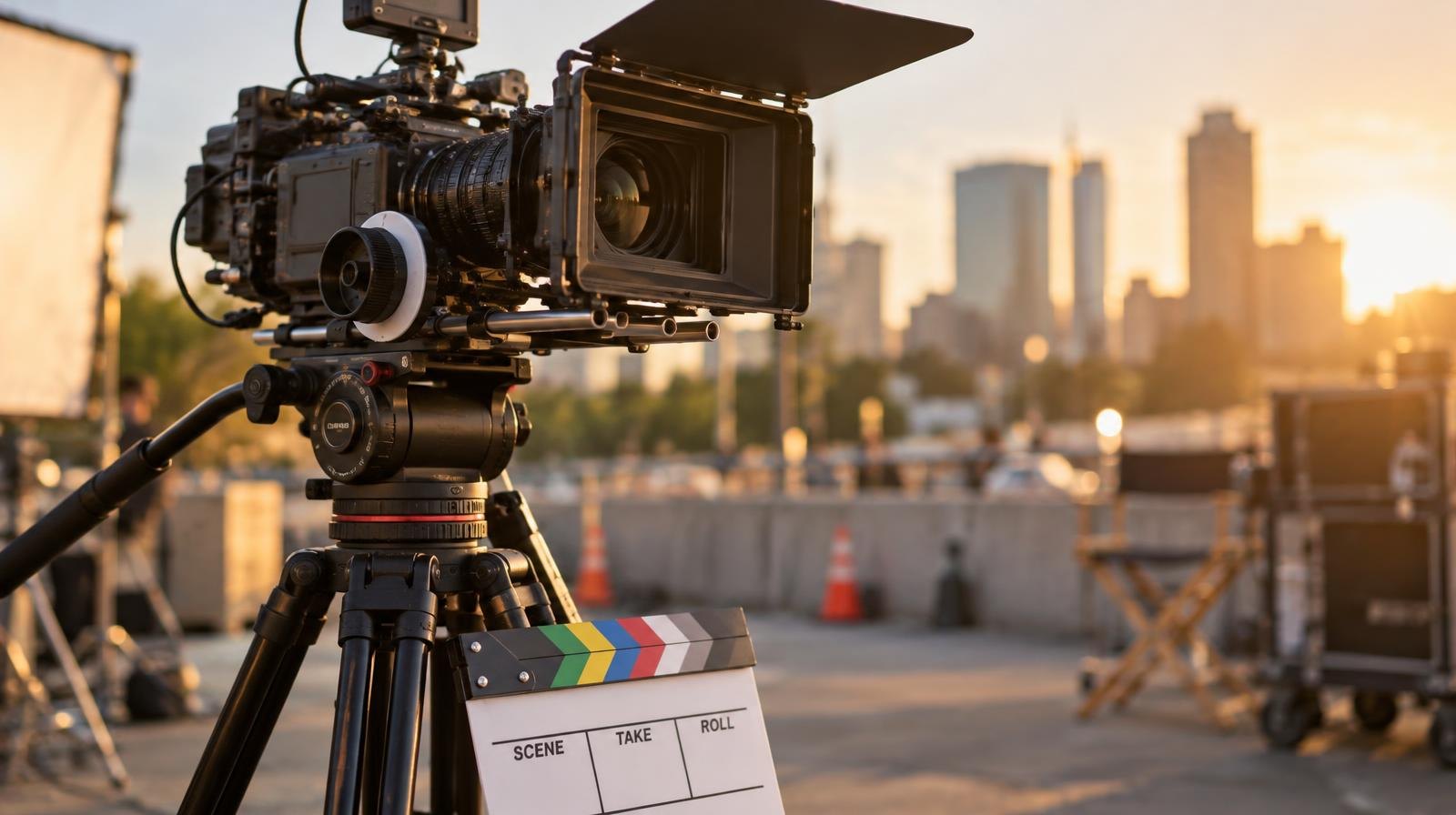 A professional cinema camera on a tripod with a clapperboard on an outdoor film set at golden hour.