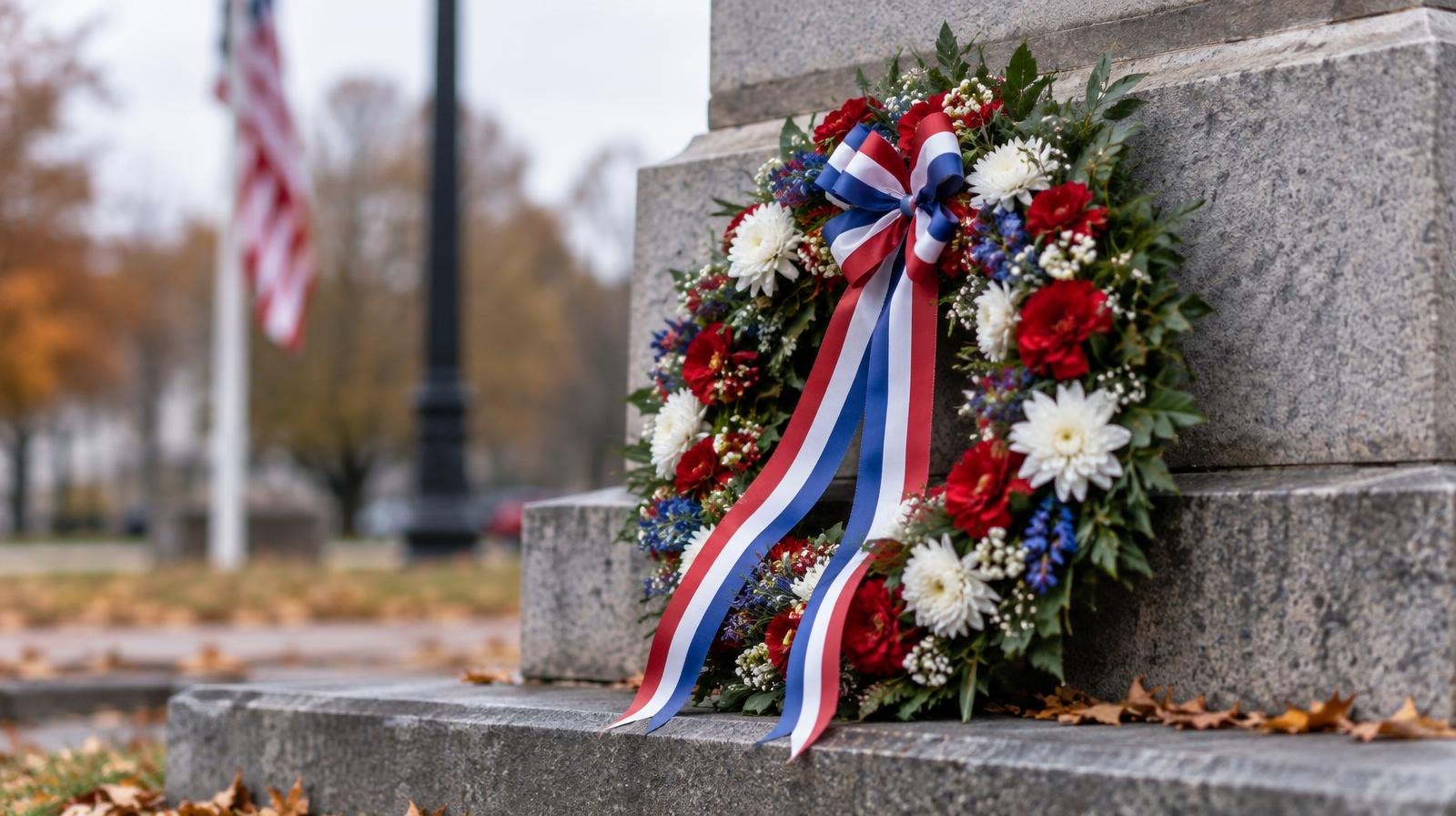 A red, white, and blue floral wreath leans against a stone memorial monument outdoors.