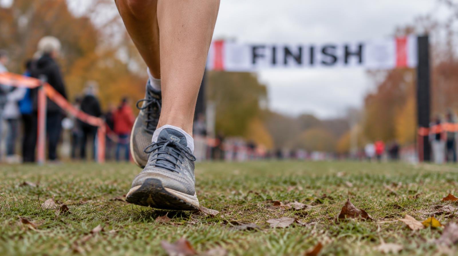 A pair of running shoes on a grassy field with a finish line tape in the background.