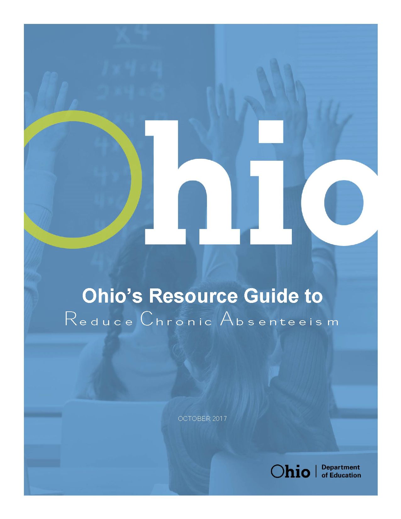 Cover of a resource guide on chronic absenteeism showing students raising hands in a classroom.
