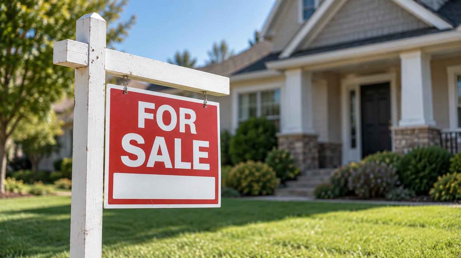 A for-sale sign planted in a green front lawn outside a suburban home.