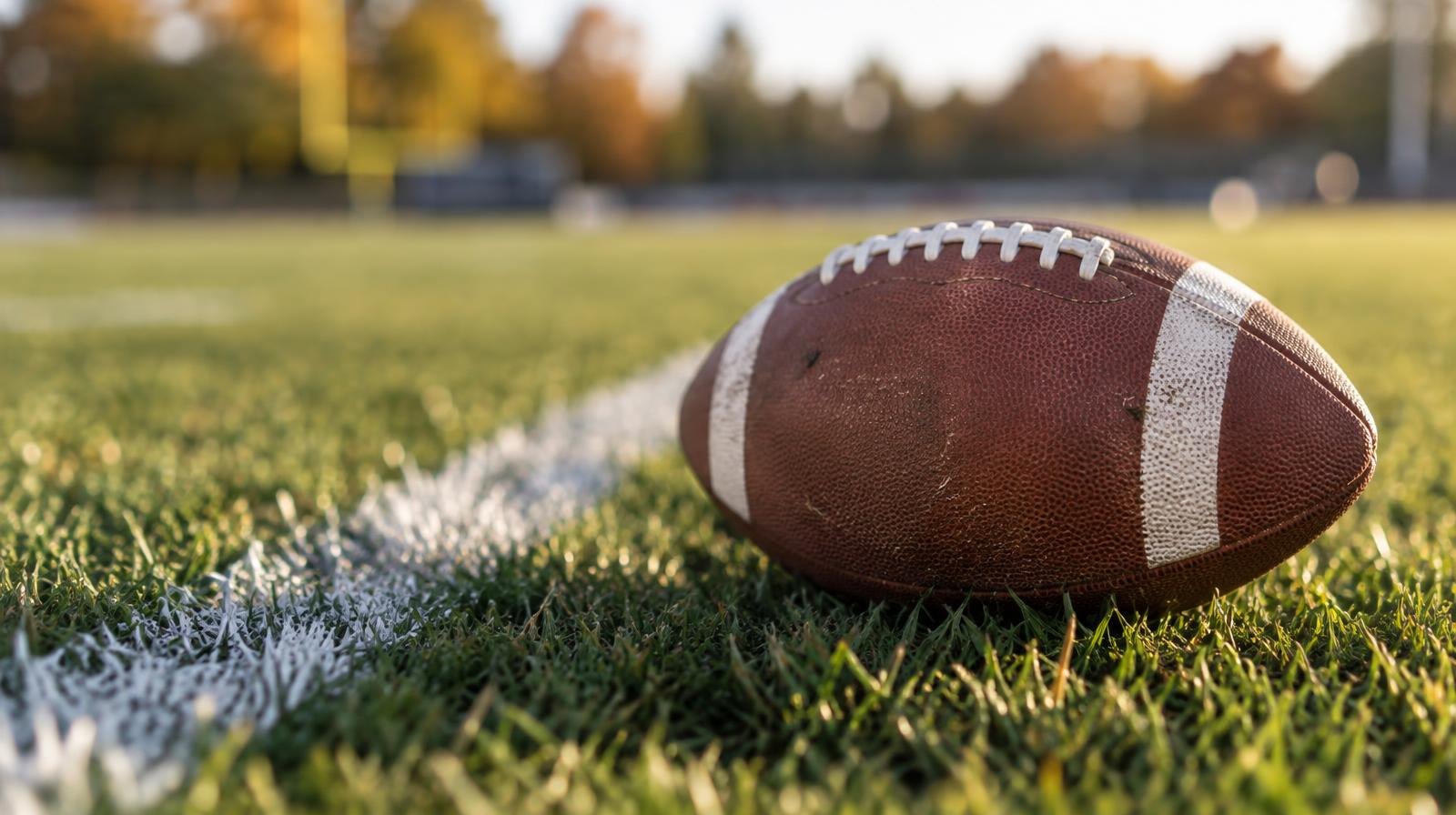 An American football resting on green grass next to a white painted yard line.