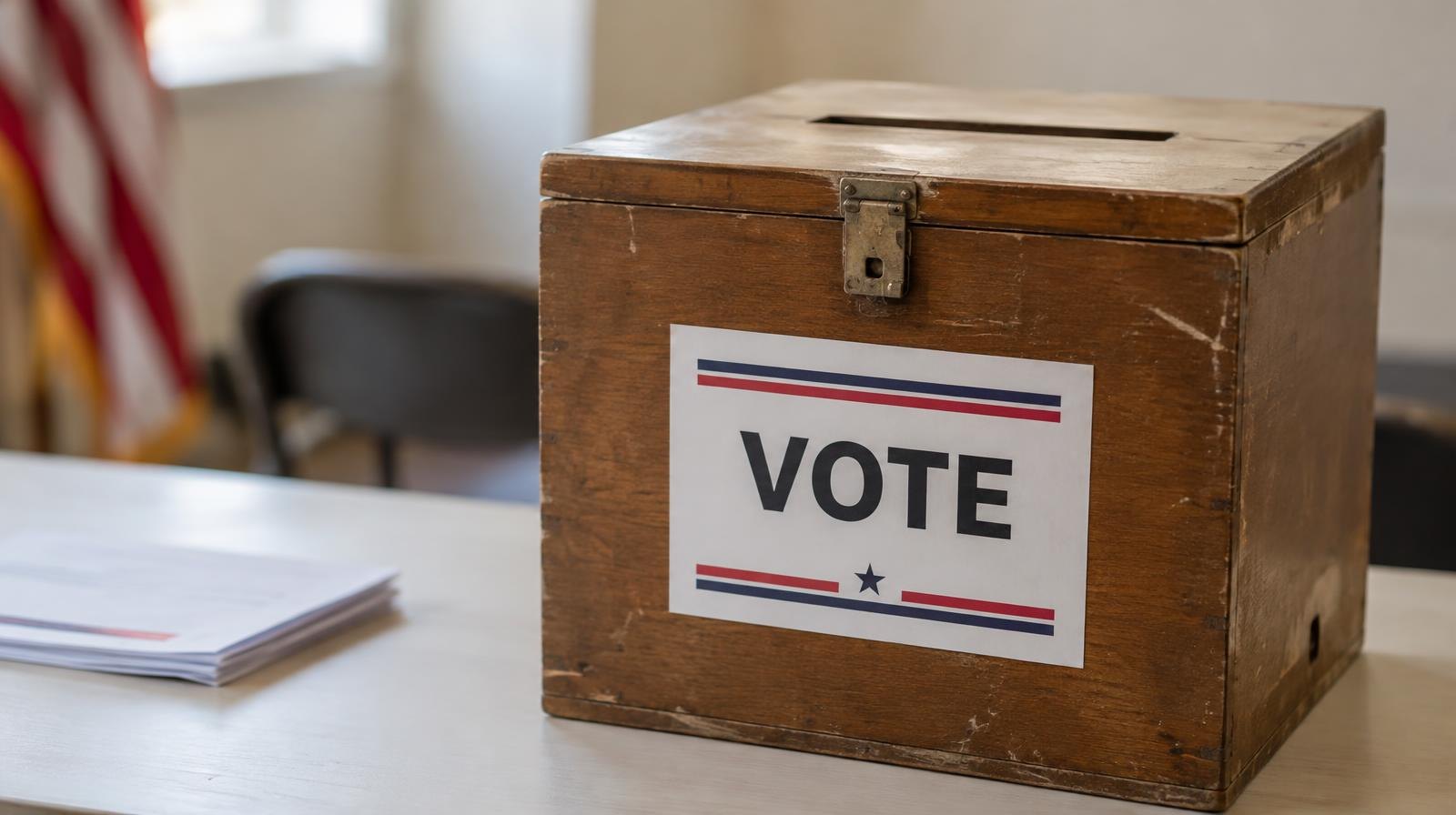 Wooden ballot box with a slot on top sitting on a plain table.