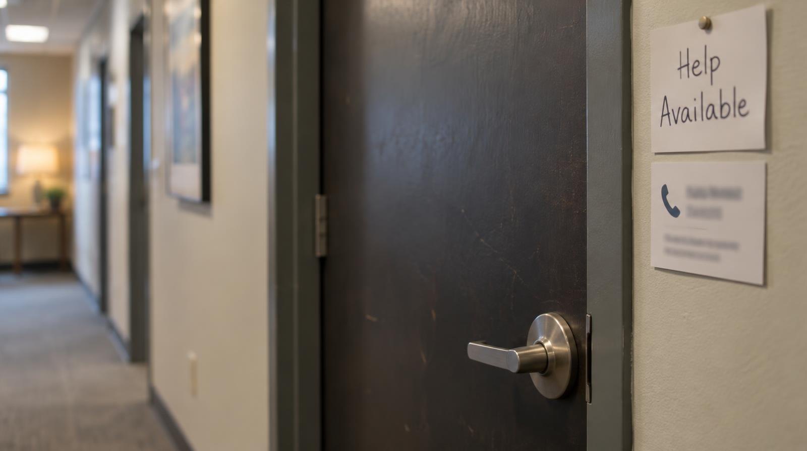 A closed door with a small notice and card pinned to the wall beside it.