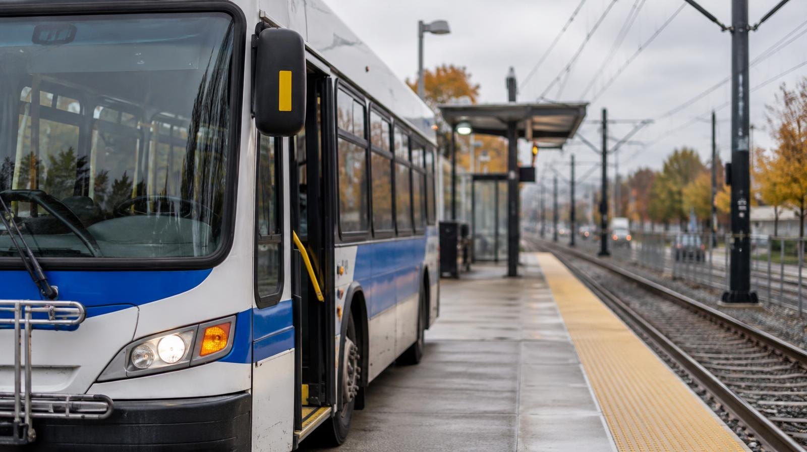 A transit bus parked at a light rail station platform with overhead catenary wires.