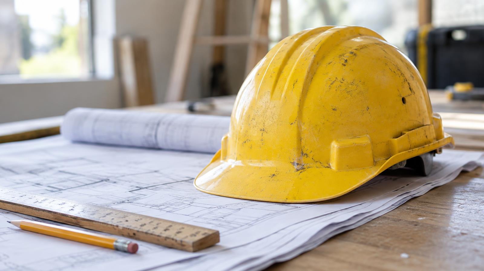 Yellow hard hat resting on folded blueprints with a ruler and pencil.