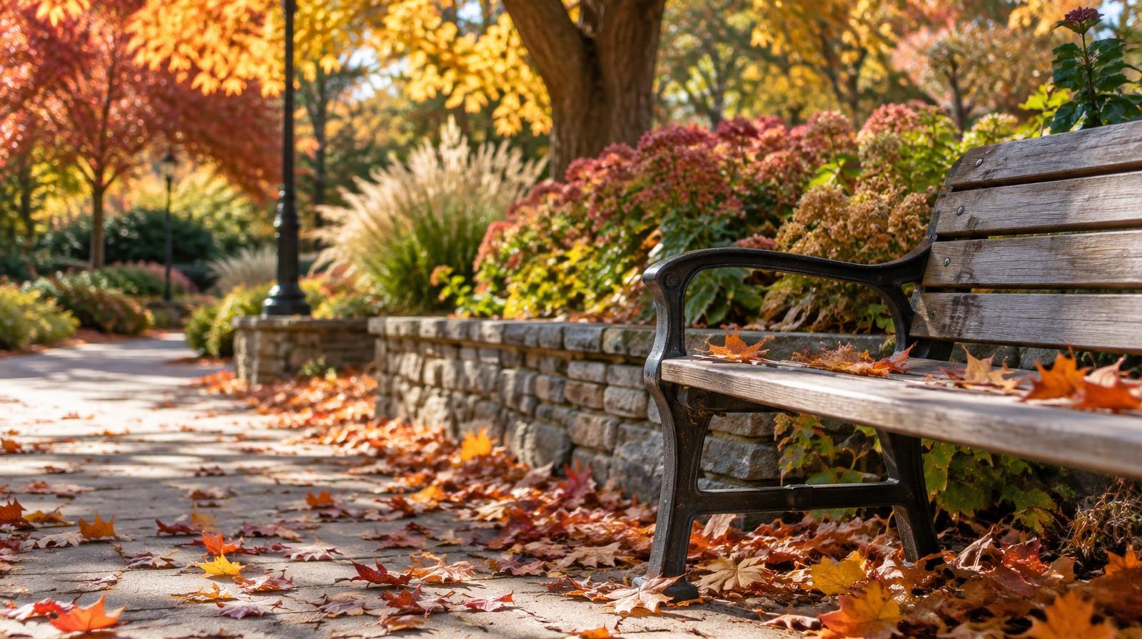 Autumn pocket park with leaf-covered path, wooden bench, and low stone wall.