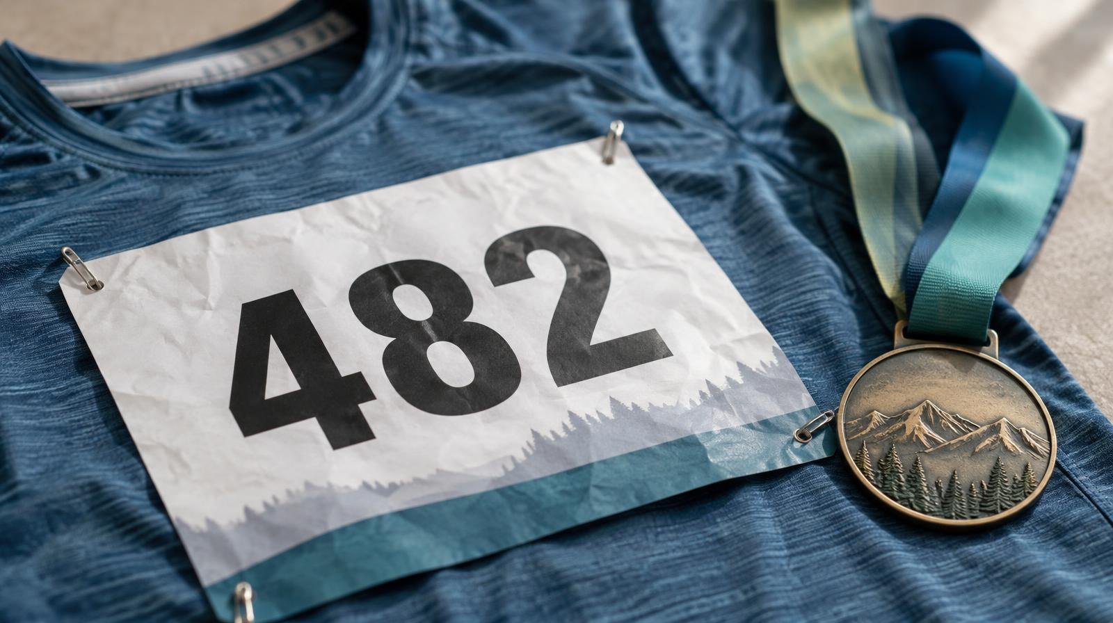 A race bib pinned to a shirt next to a finisher medal on a ribbon.
