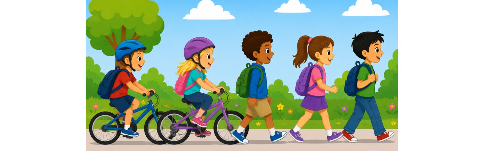 Cartoon illustration of four children walking and biking to school with backpacks and helmets.