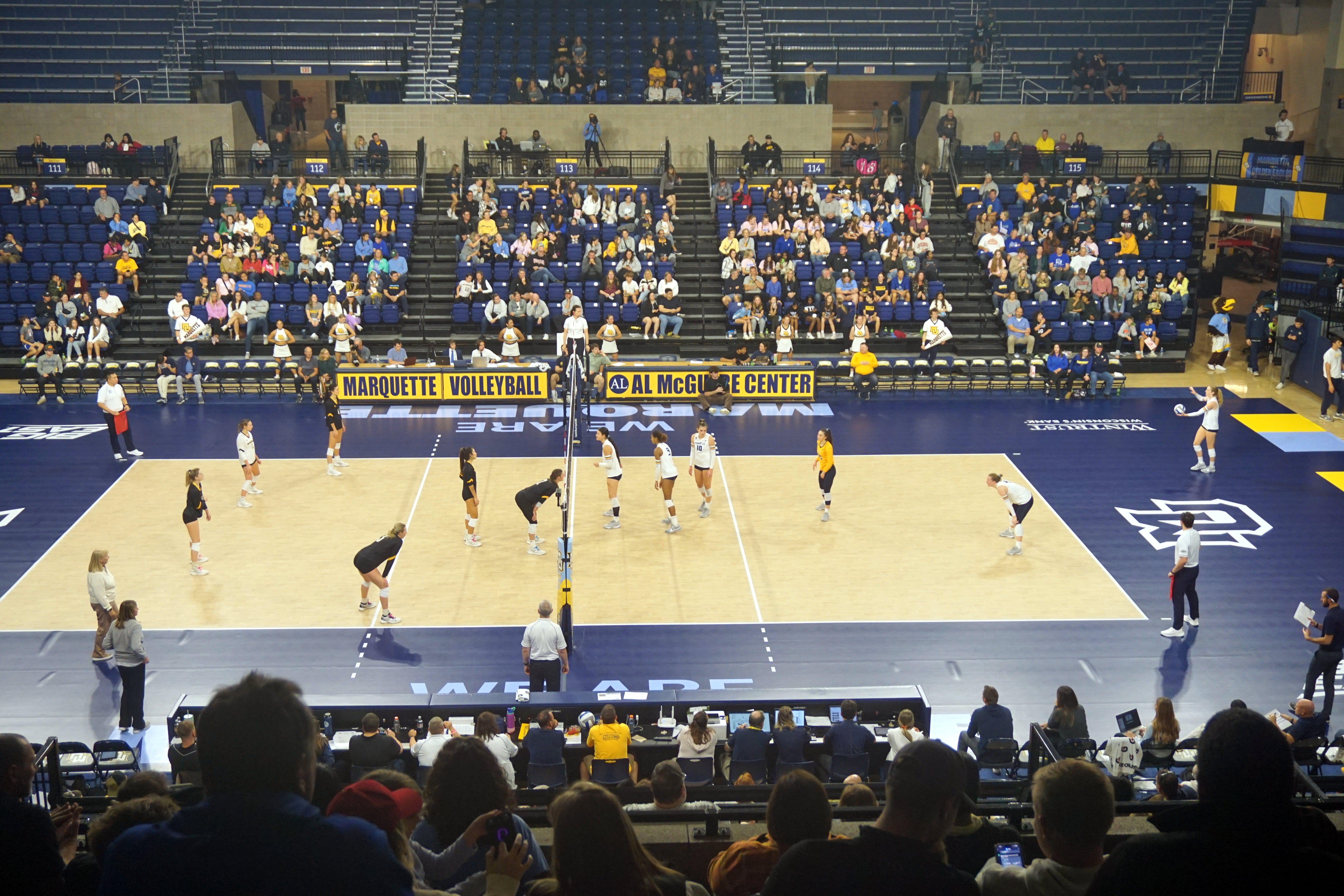 Players compete at a volleyball net inside a blue-and-gold arena.