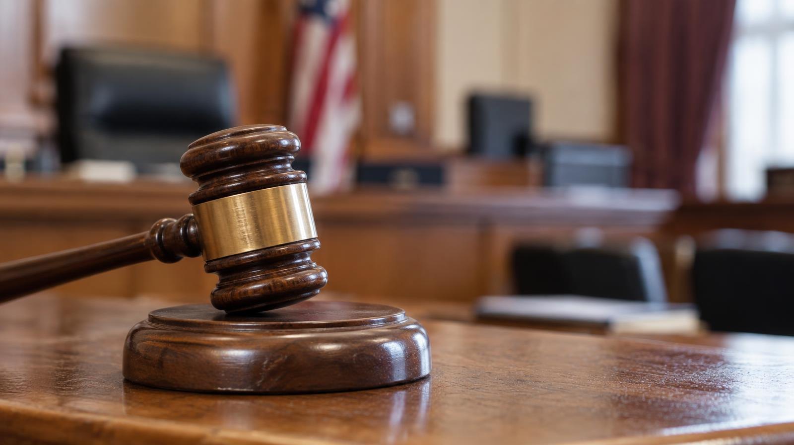 Wooden gavel resting on its sound block on a courtroom bench.