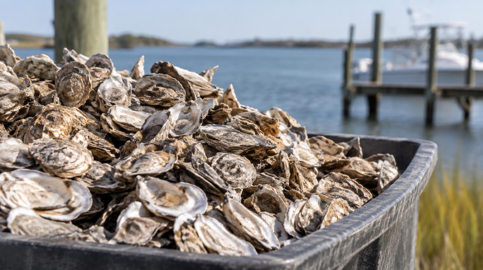 Pile of empty oyster shells in a large outdoor collection bin.
