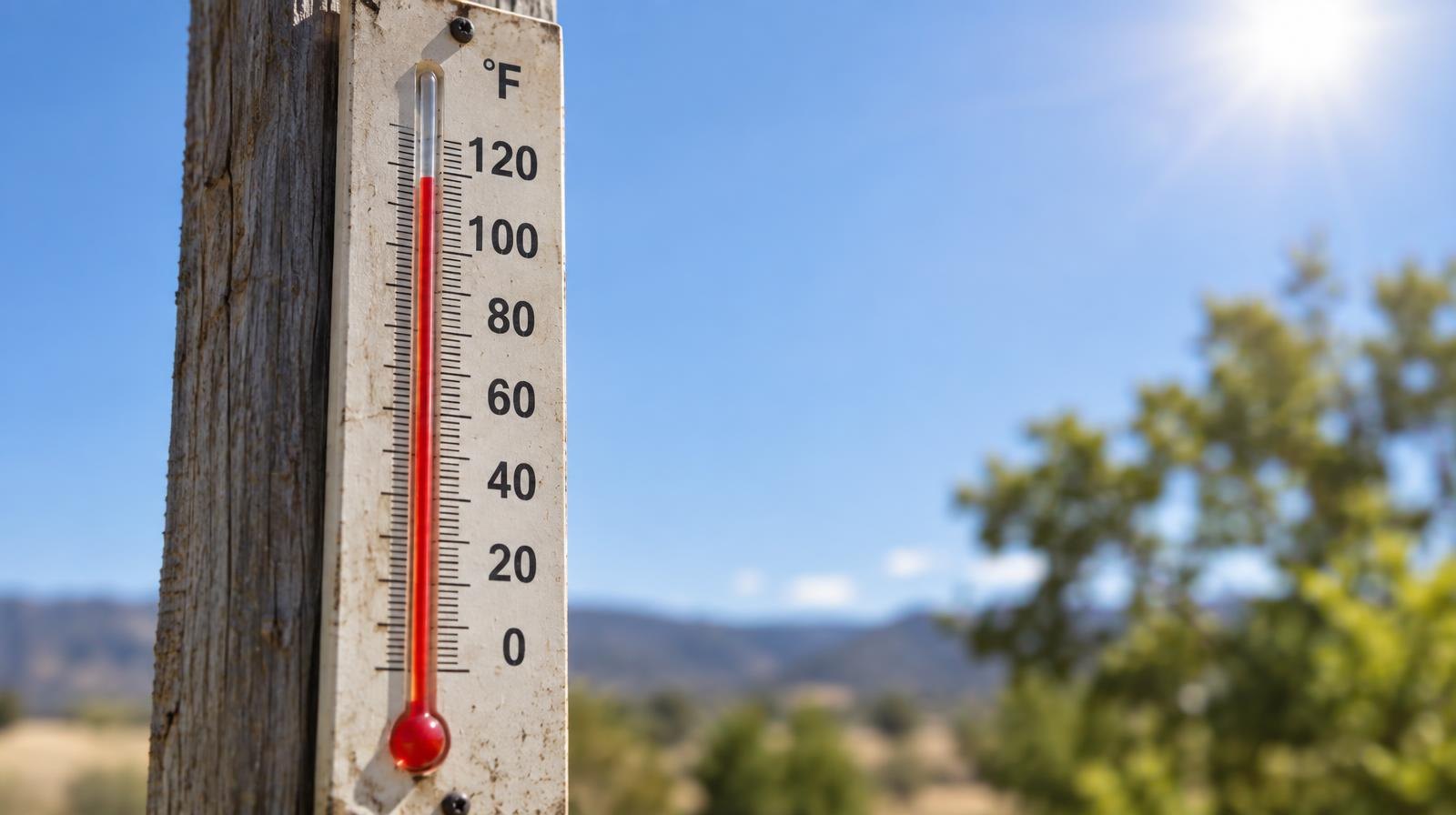 Outdoor thermometer mounted on a post showing a high temperature reading in bright sunlight.