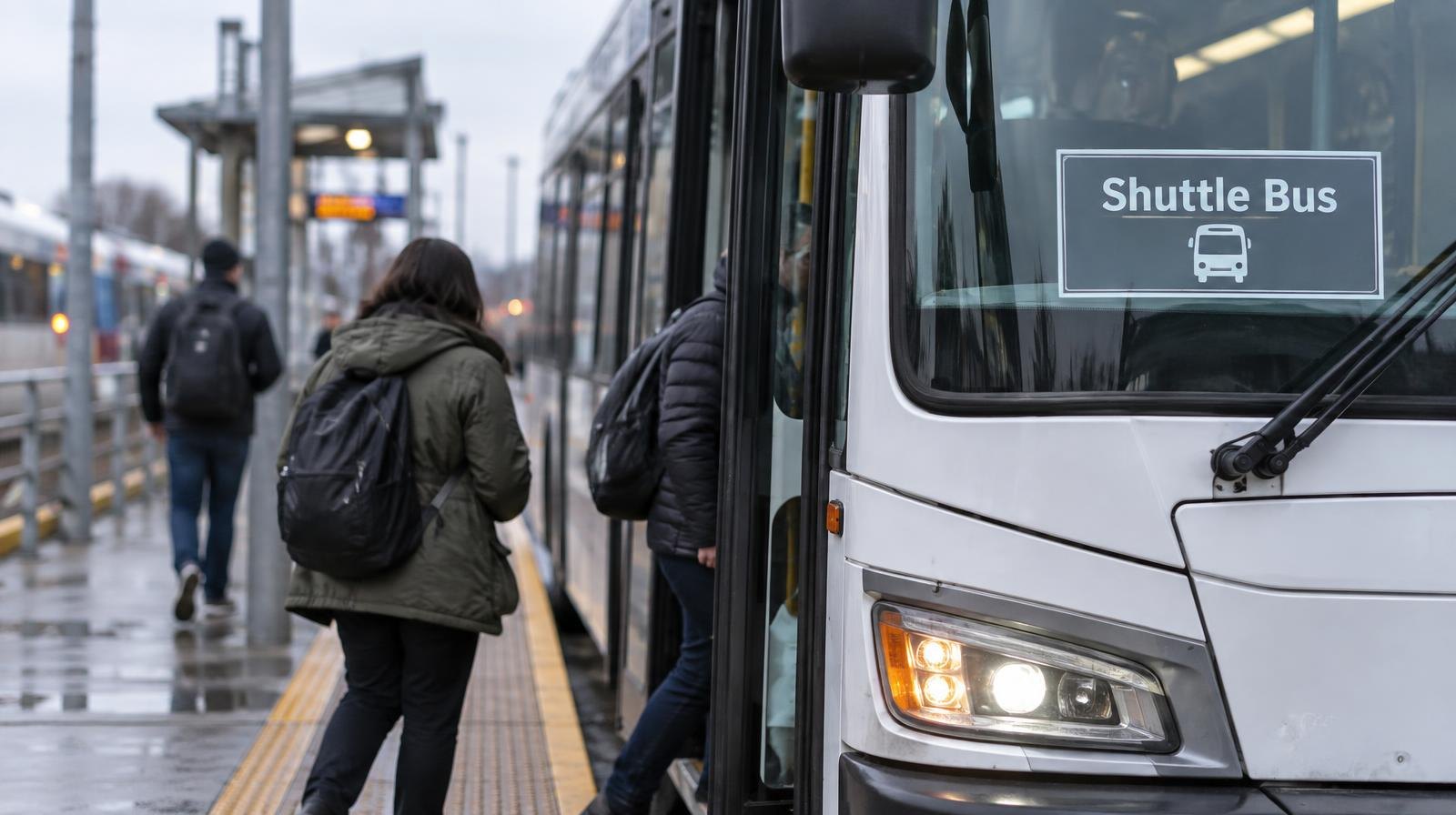 A shuttle bus parked alongside a light rail station platform under overcast skies.