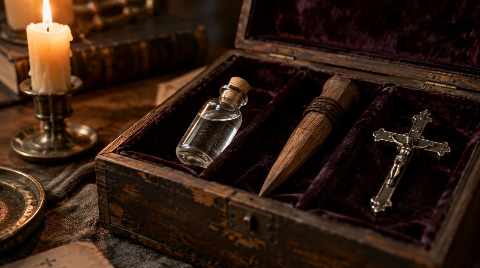 Wooden stake, glass vial, and crucifix arranged in an open antique wooden box.
