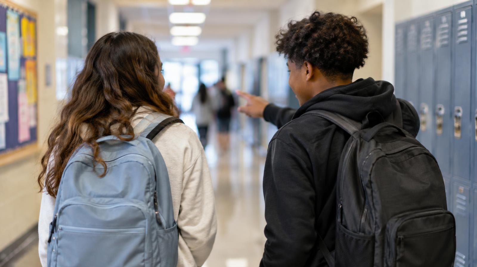 Two students walk side by side down a bright school hallway, one pointing ahead.